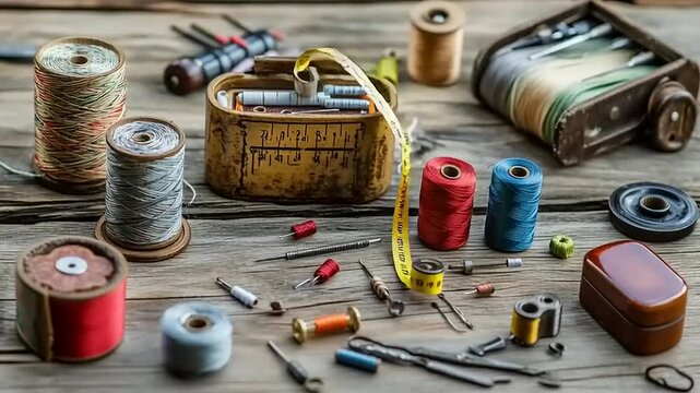 Sewing Supplies on Wooden Table Top.