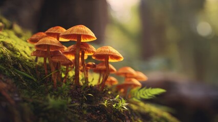 Fototapeta premium Group of Small Mushrooms in Forest