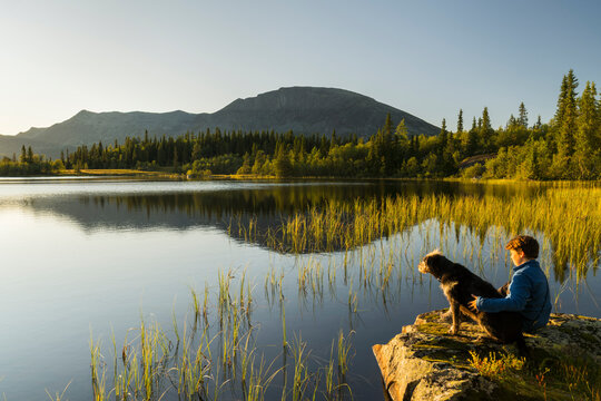 Junge und Hund sitzen am Helsingvatnet, Skogshorn, Hemsedal, Buskerud, Norwegen