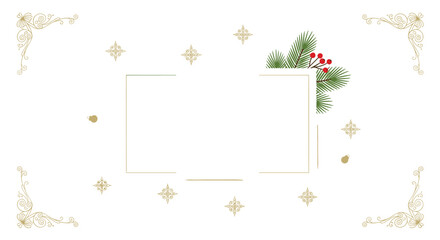 White background with a gold frame, pine branches, red berries, and decorative corner elements.