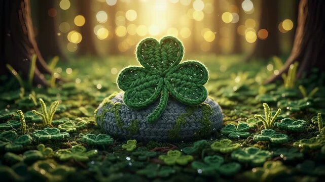 Knitted shamrock on mossy rock in forest with sparkling bokeh light, St Patrick day theme looped animation