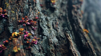 Tree bark close-up with colorful moss