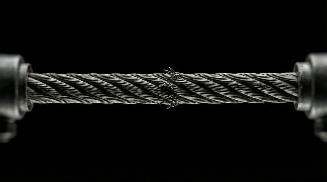 Frayed steel wire rope breaking under extreme tension showing mechanical failure