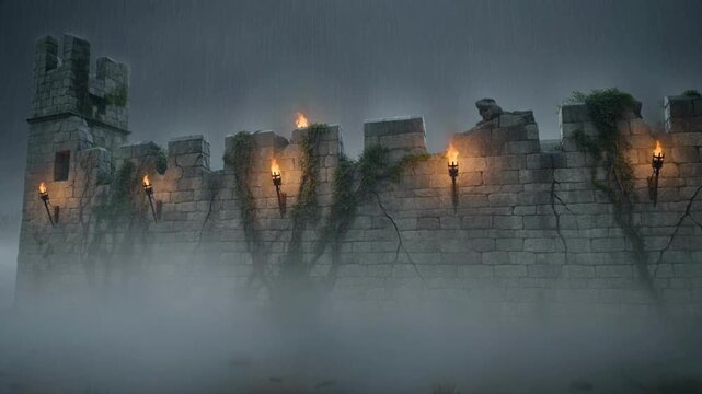 An ancient stone castle wall shrouded in mist, with torches adding a touch of mystery. A captivating image of a historic fortress wall.