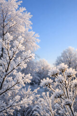 Hoarfrost ice crystals covering winter trees and plants in early morning sunlight under a clear blue sky, showing delicate frozen structures and natural cold weather beauty.