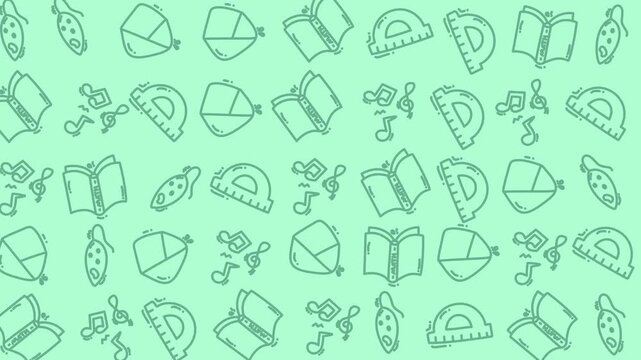 Seamless hand drawn school supplies doodle pattern on a mint background ideal for education stationery wrapping paper and web design.