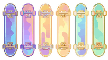 Fototapeta premium Six colorful illustrations of skateboards with a watercolor-like design and golden accents