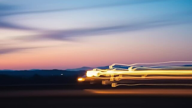Train Traveling Through Landscape at Sunset.