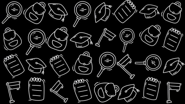 Seamless repeating pattern of hand drawn school and education icons in white line art on a black background ideal for backgrounds and educational graphics.