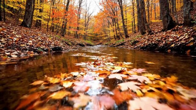 Autumn's embrace reflected on the tranquil water surface as vibrant leaves and trees paint the serene landscape with warm colors.