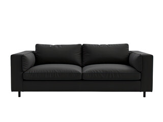A black leather couch with pillows on a white background, perfect for living room or home decor photography