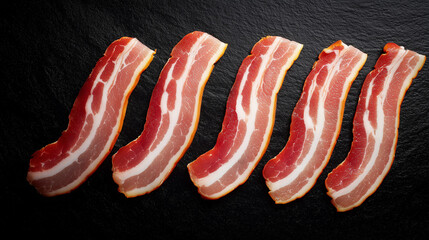 Raw bacon slices arranged symmetrically on dark background.
