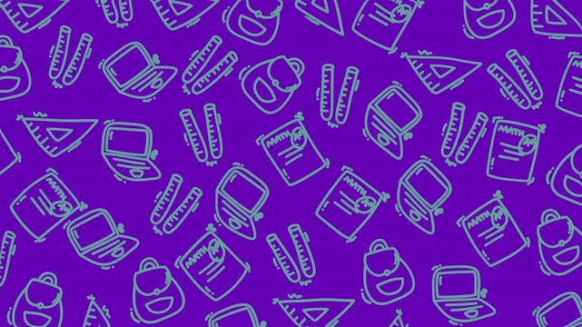 Seamless purple pattern of hand drawn school supplies and education icons including backpacks pencils rulers and laptops ideal for back to school backgrounds textiles and digital design.