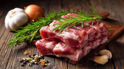 Raw pork ribs with herbs and garlic on rustic wooden table. BBQ concept.
