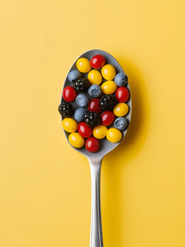Vitamin coenzyme Q10 pills on a spoon. Yellow background with berries. Seasonal beriberi