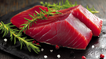 Fresh raw tuna steak with clean texture and deep red color.