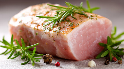 Fresh raw turkey breast with herbs on neutral background.