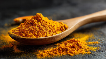 Bright turmeric powder in wooden spoon on dark surface.