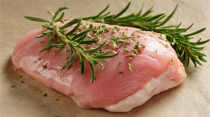 Fresh raw turkey breast with herbs on neutral background.