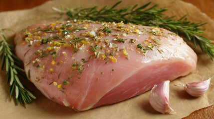 Fresh raw turkey breast with herbs on neutral background.