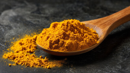 Bright turmeric powder in wooden spoon on dark surface.