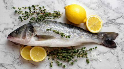 Whole fresh sea bass with lemon and herbs on marble surface.
