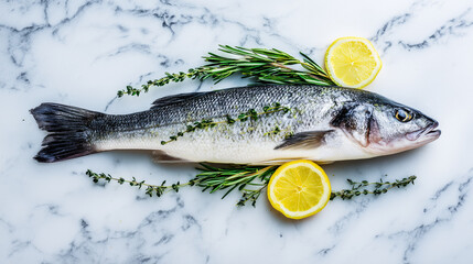 Whole fresh sea bass with lemon and herbs on marble surface.
