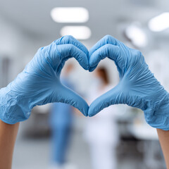 Healthcare professional forming heart shape with gloved hands