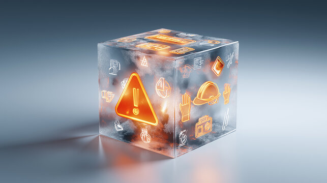 Transparent cube with warning sign and safety icons for workplace risk management and HSE compliance