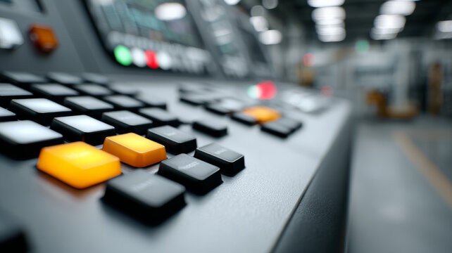 Close-up industrial control panel buttons in modern factory
