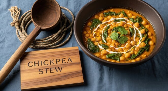 Creamy Chickpea and Spinach Stew in Deep Bowl on Indigo Cotton with Umthomboti Plaque and Incwala Cord