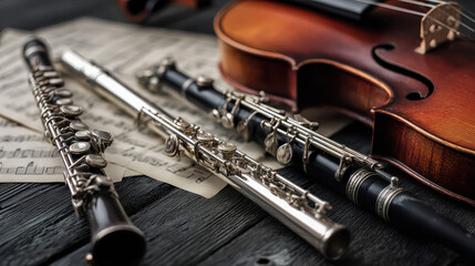 Obraz premium Wooden Table Harmony: Violin, Flute, Clarinet, and Sheet Music, Ready for Your Message