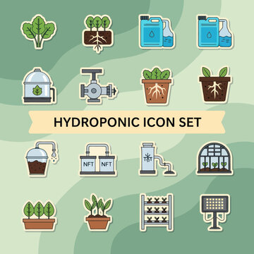 Hydroponic Icon Set with Plants and Equipment.