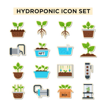 Hydroponic System Icons with Plants and Equipment.