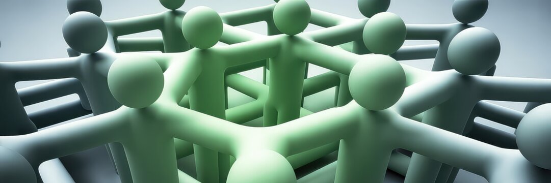 Abstract 3D people network cube for corporate governance and business collaboration, digital technology structure with green glow on blue gradient background