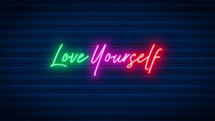 Obraz premium Neon love yourself text sign on dark blue metallic background.