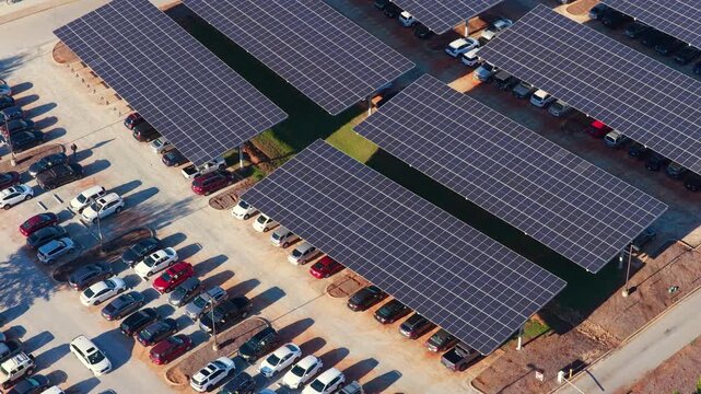 Photovoltaic canopy over parking area producing renewable electricity. Solar panels provide shade for vehicles while generating sustainable energy integrated into city infrastructure.