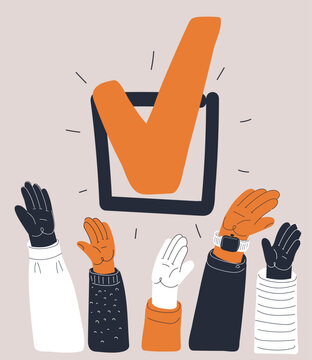 Cartoon vector illustration of raised hands forming a checkmark, symbolizing voting and elections