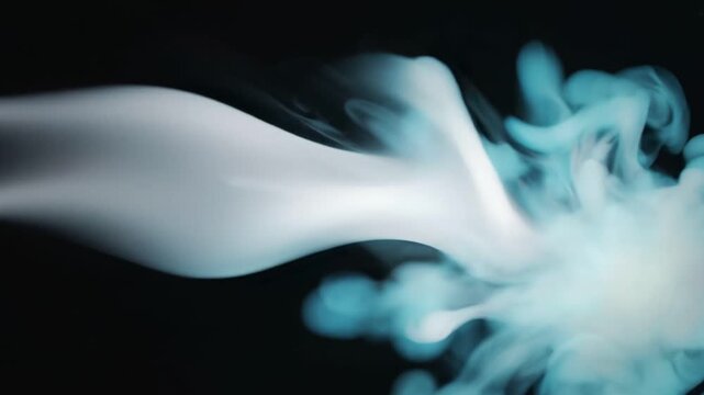 Vibrant bright blue and white gaseous plume rapidly expanding outward against a deep black background symbolizing energy release or chemical reaction effect