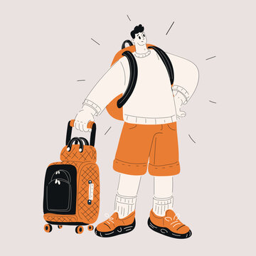 Cartoon vector illustration of a man standing with a suitcase and a backpack as a symbol of travel, adventure, and readiness for new journeys