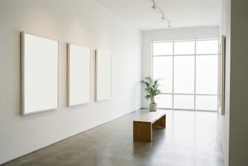Obraz premium A modern art gallery with blank vertical frames on a white wall for mockup purposes.