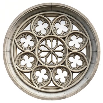 Ornate Gothic stone rose window with intricate tracery isolated on white
