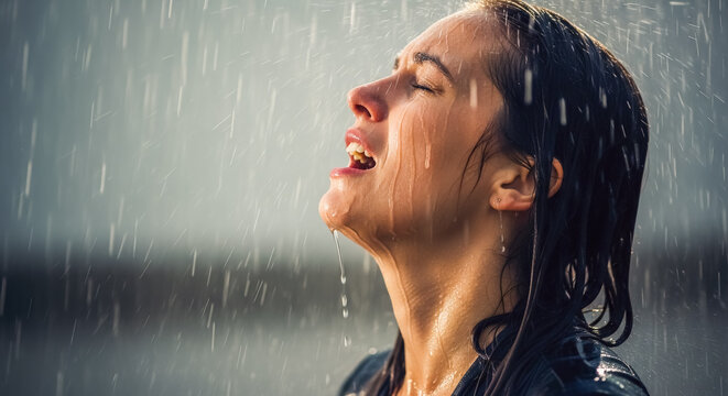 side profile of a young woman standing in the rain with head tilted back and eyes closed in emotional release