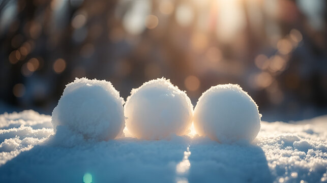 Three pristine snowballs resting on glistening snow, bathed in warm winter sunlight with sparkling bokeh