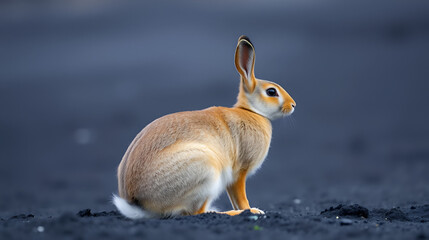 Obraz premium A snowshoe hare sitting upright with its ears perked up on a black background looking to the right