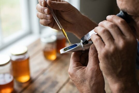 A beekeeper uses a pipette to put a drop of honey on a refractometer to test its quality and moisture content.