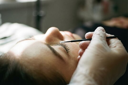 Close-up of a beautician in a glove applying a lash lifting or nourishing treatment to a woman's eyelashes.