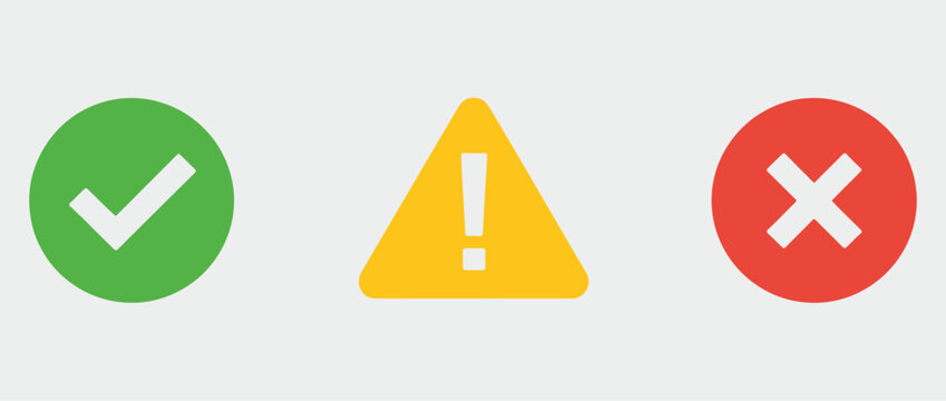 Check mark, warning sign, and cross symbol icons set, including success, error, alert, caution, approval, rejection, notification, editable stroke vector