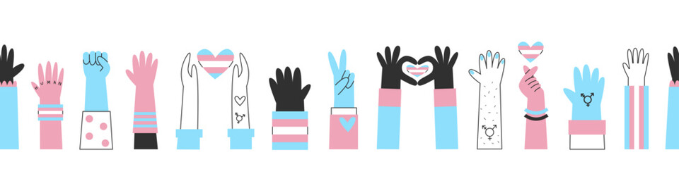 Obraz premium Transgender hands seamless banner, awareness and visibility. Cisgender and genderqueer silhouettes with trans flag colors and symbols. Diversity concept.