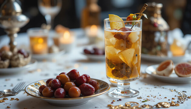 Dates and laban drink arranged on elegant Iftar table
